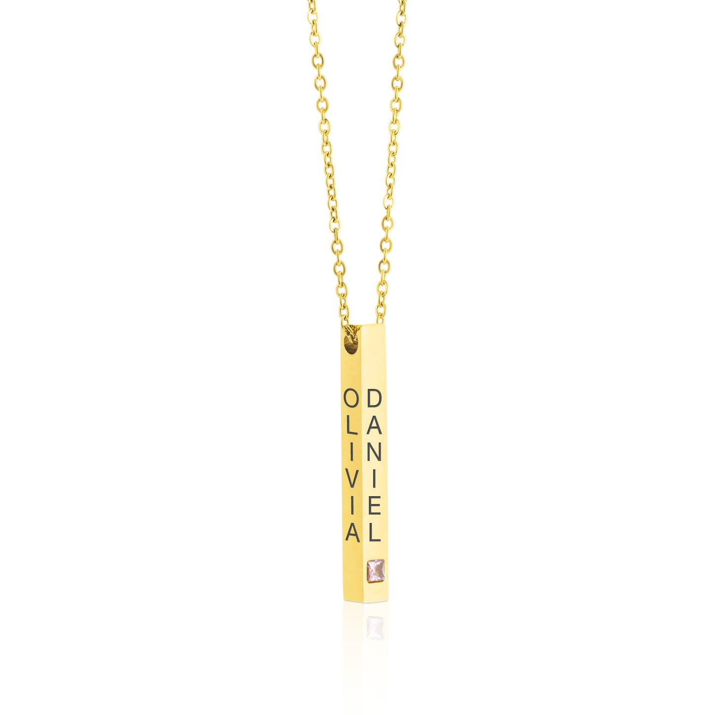 Personalised Custom Vertical Text 3D Bar Necklace with Stone | Names, Dates & Messages