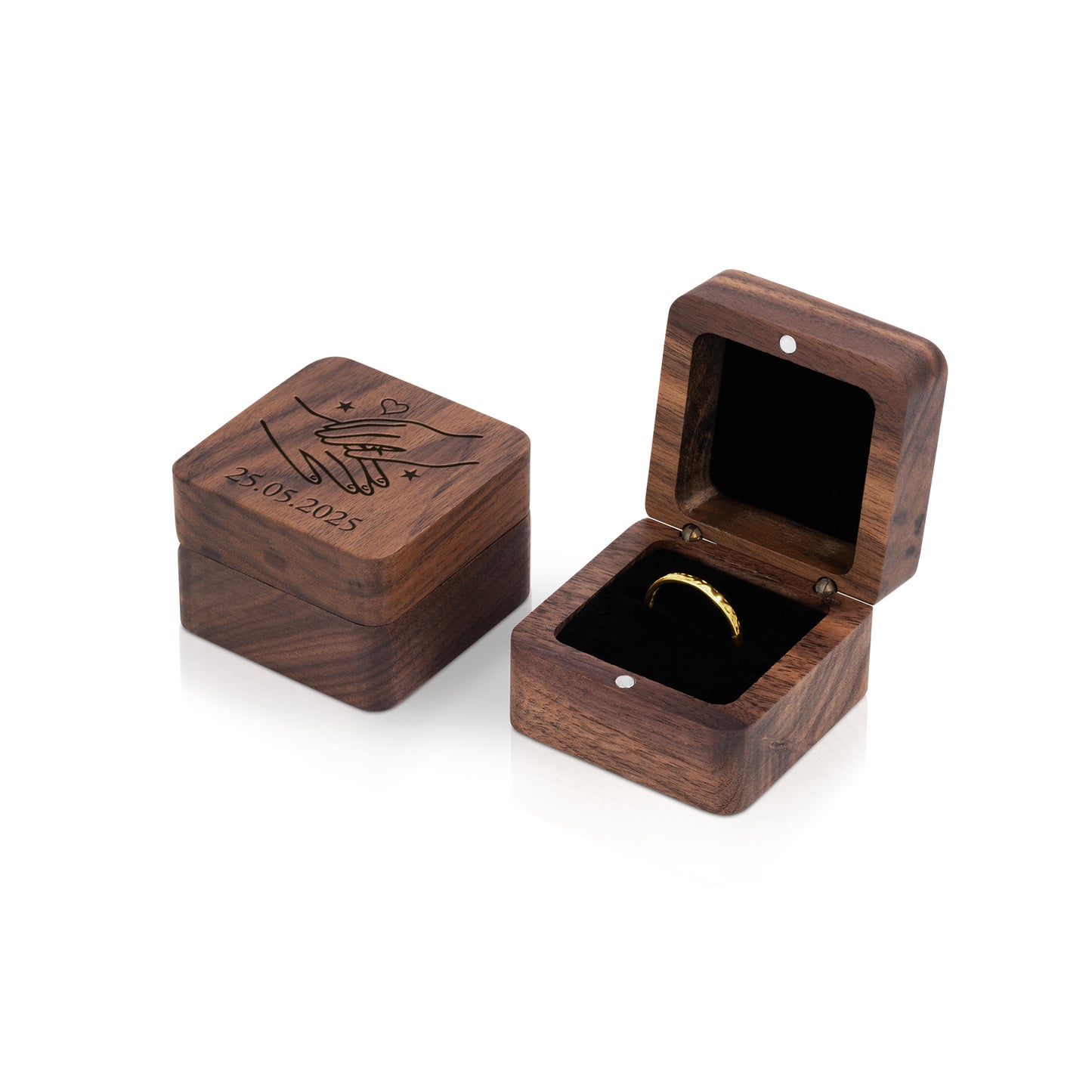 Personalised Wooden Ring Box – Single Ring Slot with Soft White/Black Cushion