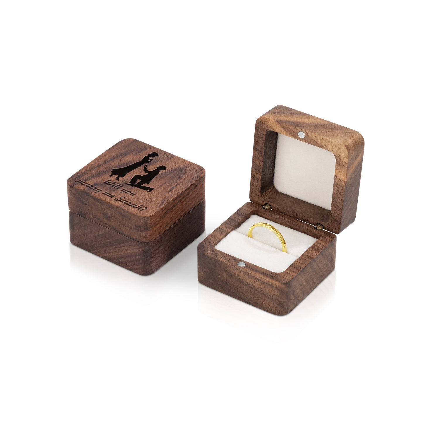 Personalised Wooden Ring Box – Single Ring Slot with Soft White/Black Cushion
