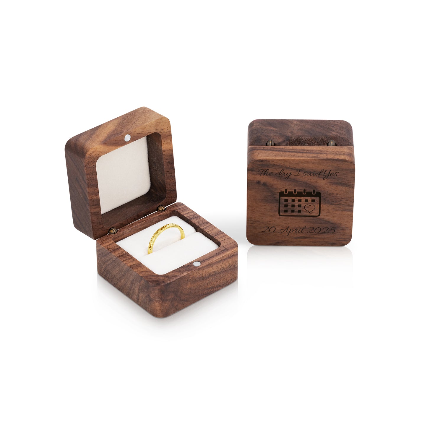Personalised Wooden Ring Box – Single Ring Slot with Soft White/Black Cushion