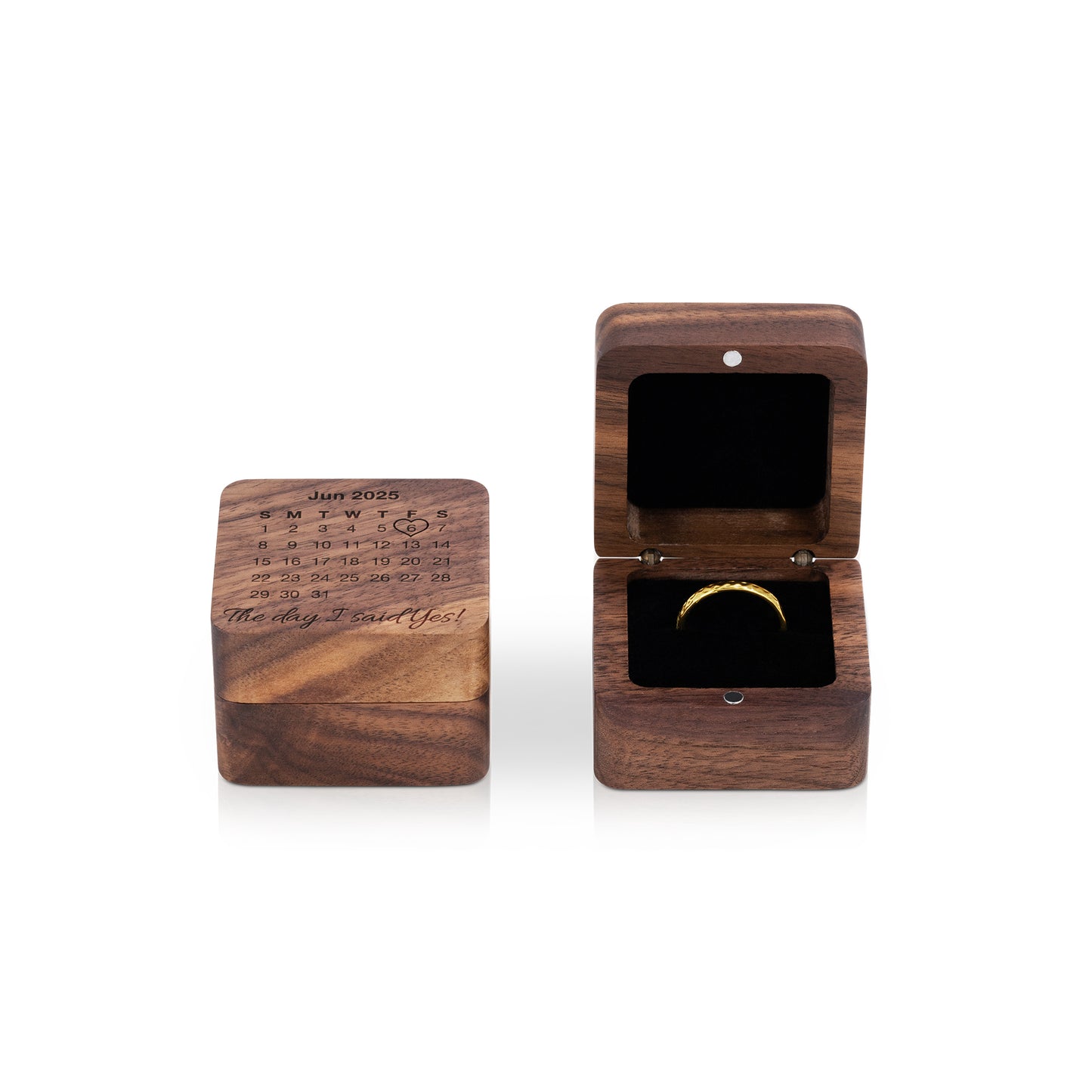 Personalised Wooden Ring Box – Single Ring Slot with Soft White/Black Cushion
