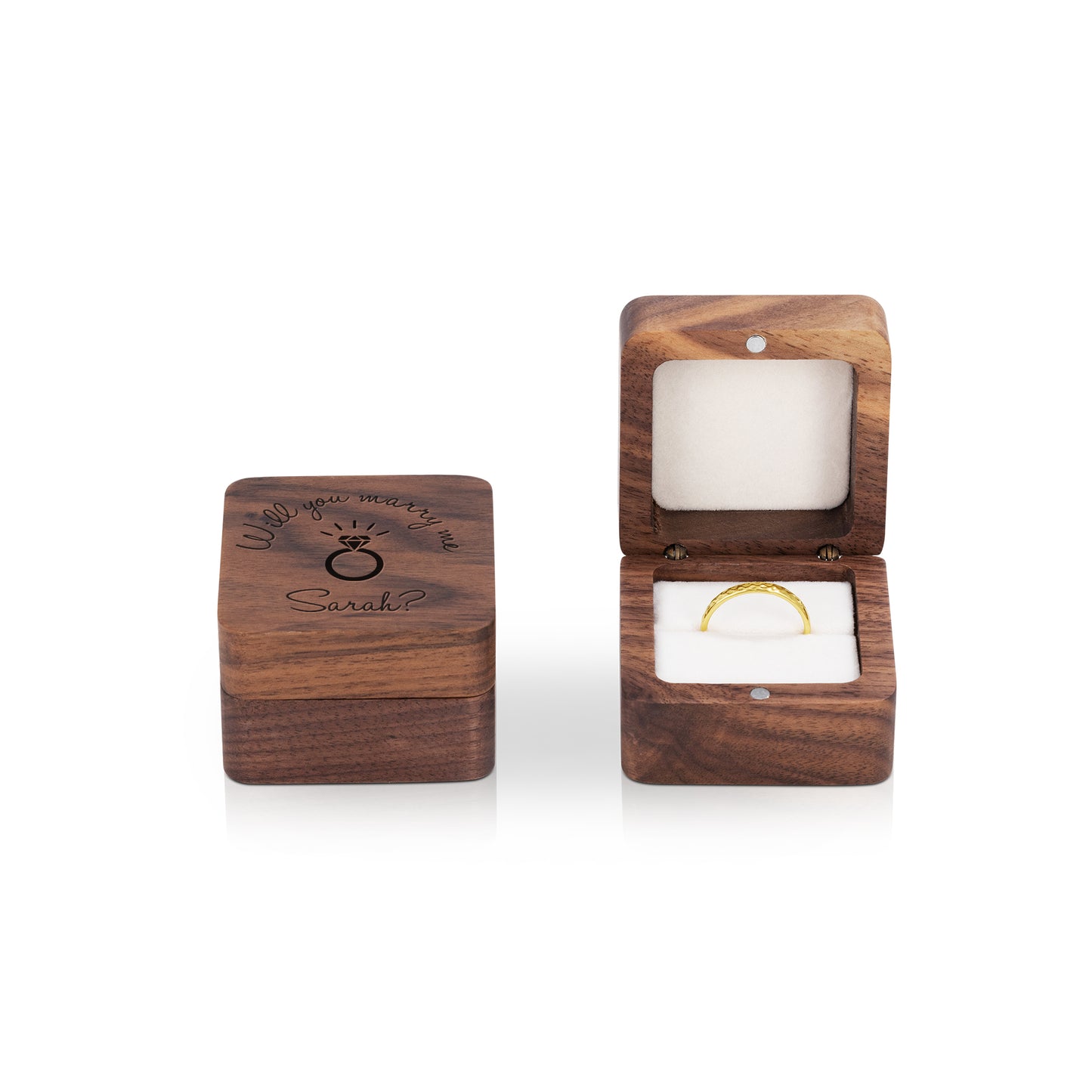 Personalised Wooden Ring Box – Single Ring Slot with Soft White/Black Cushion