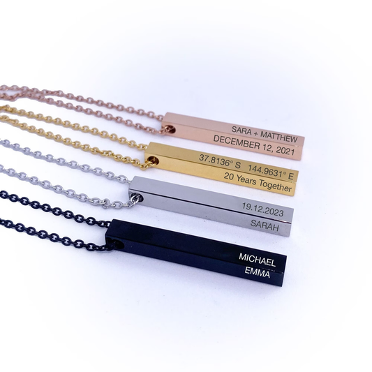 Personalised custom text names date vertical 3d bar necklace gift girlfriend mum couple anniversary | pendant with chain