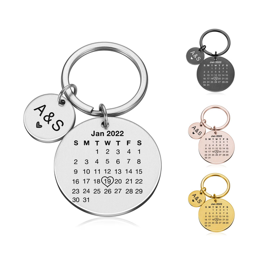 Personalised metal calendar keyring gift | date highlighted with a heart | custom text keychain | wedding anniversary valentines day gift | Large Round Tag | Small Round Tag