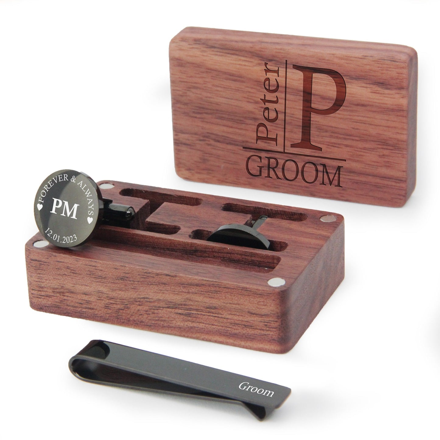 Personalised Engraved Stainless Steel Men’s Round Cufflinks with Tie Pin & Wooden Box | Groom, Best Man, Husband Wedding, or Christmas Gift