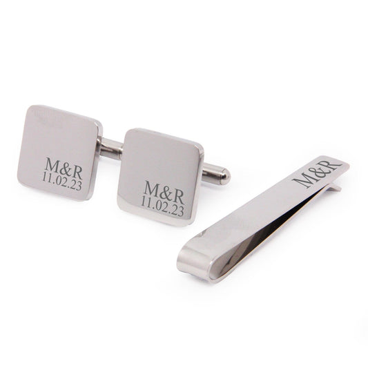 Personalised Engraved Square Metal Cufflinks with Tiepin | 12 Designs to Choose From