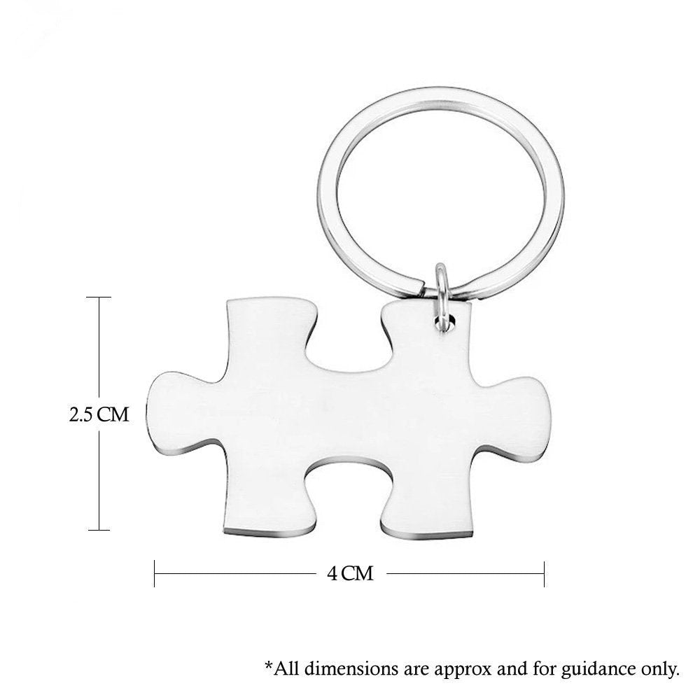 2 x personalised interlocking jigsaw puzzle keyrings set with name, date and heart symbol