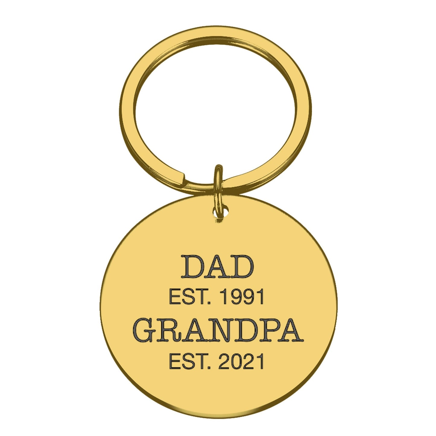 Personalised engraved round metal keyrin with "Dad Est." "Grandpa Est."