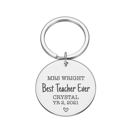 Personalised engraved best teacher ever round keyring