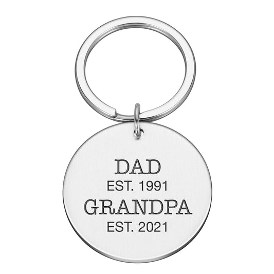 Personalised engraved round metal keyrin with "Dad Est." "Grandpa Est."