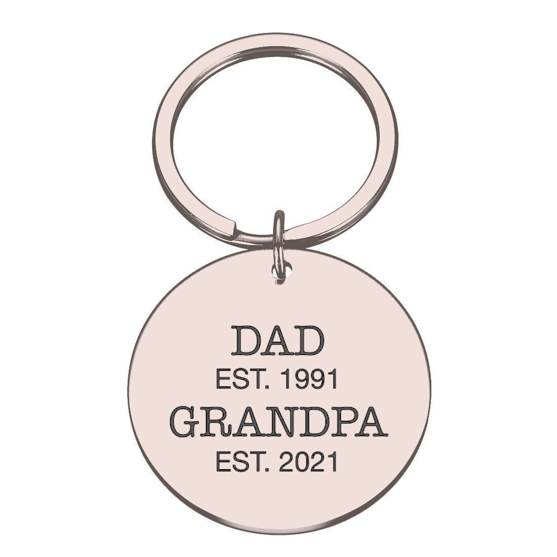 Personalised engraved round metal keyrin with "Dad Est." "Grandpa Est."