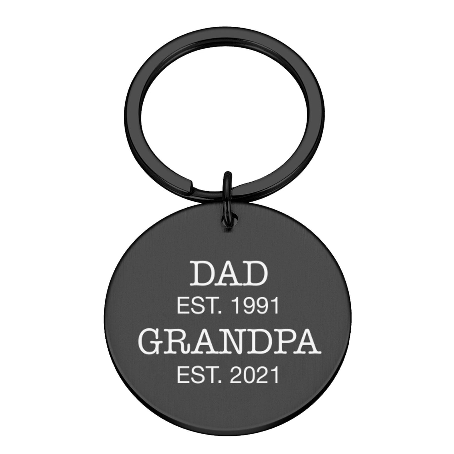 Personalised engraved round metal keyrin with "Dad Est." "Grandpa Est."