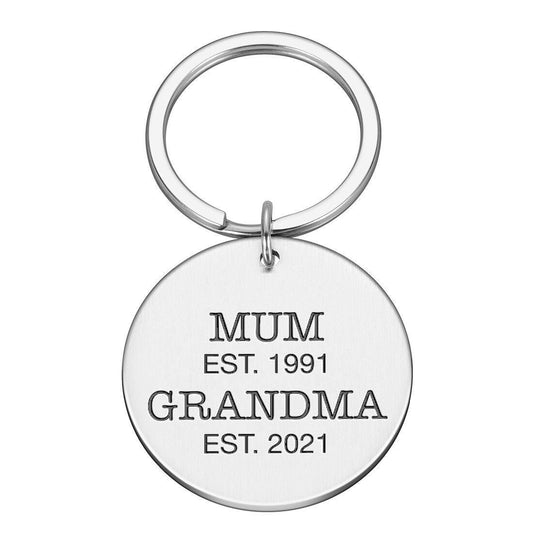 Personalised engraved round metal keyrin with "Mum est." "Grandma Est."