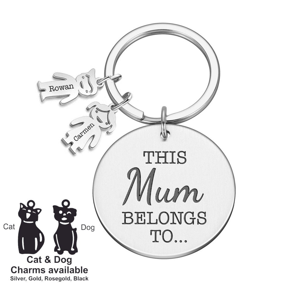 Personalised Engraved Round Metal Keyring Gift With Figure Charms | This Mummy Belongs To