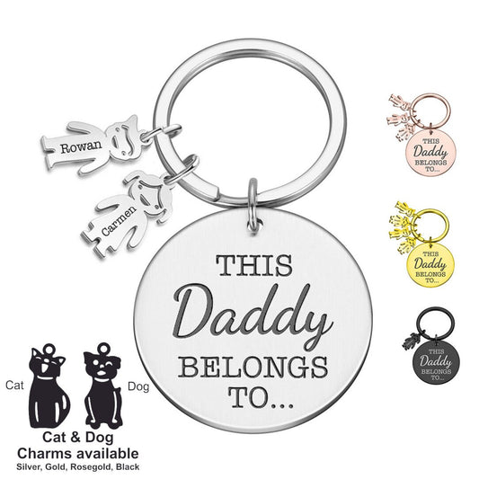 Personalised Engraved Round Metal Keyring Gift With Figure Charms | This Daddy Belongs To