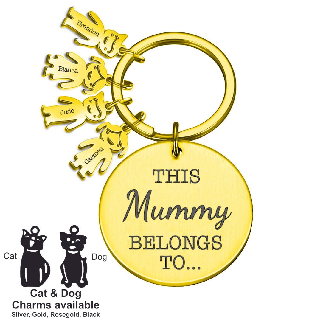 Personalised Engraved Round Metal Keyring Gift With Figure Charms | This Mummy Belongs To