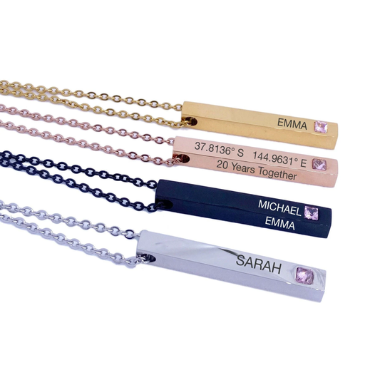 Personalised custom text names date vertical 3d bar necklace gift with stone | girlfriend mum mothers day anniversary | pendant with chain