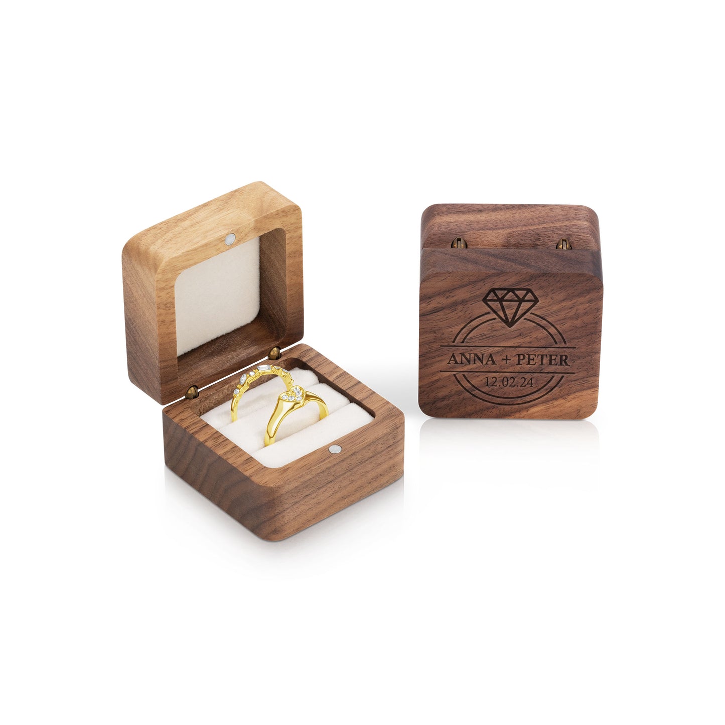 Personalised Wooden Ring Box – Dual Ring Slots with Soft White Cushion