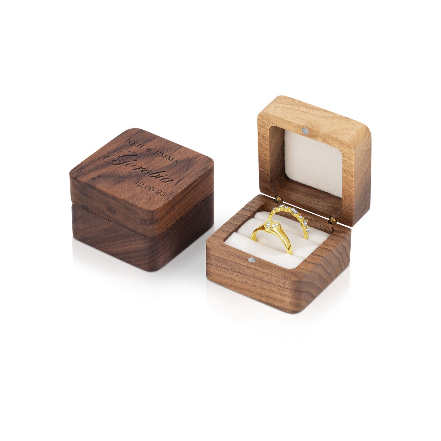 Personalised Wooden Ring Box – Dual Ring Slots with Soft White Cushion