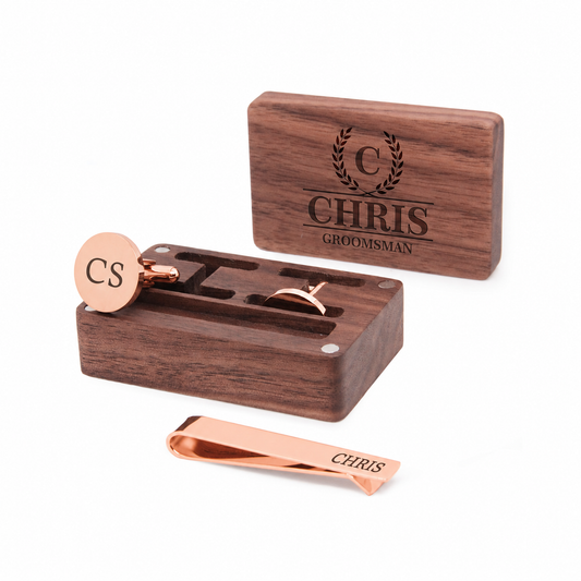 Personalised Rose Gold Stainless Steel Round Cufflinks & Tie Pin Set | Engraved Wooden Cufflink Box