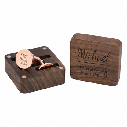 Personalised Round Stainless Steel Cufflinks | Engraved Wooden Cufflink Box