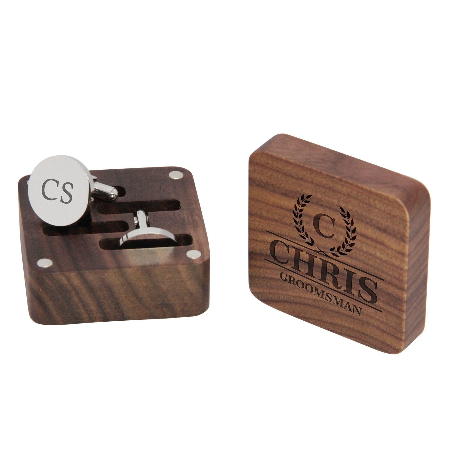 Personalised engraved stainless steel mens round cufflinks gift with wooden box | groom groomsman best man father husband wedding gift