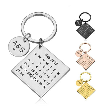 Personalised metal calendar keyring gift | date highlighted with a heart | custom text keychain | wedding anniversary valentines day gift- Square