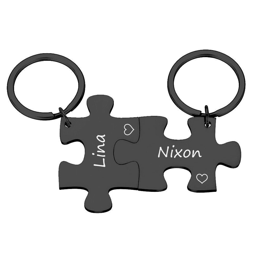 2 x personalised interlocking jigsaw puzzle keyrings gift set | custom initials date | wedding anniversary valentines family gift keychains Heart