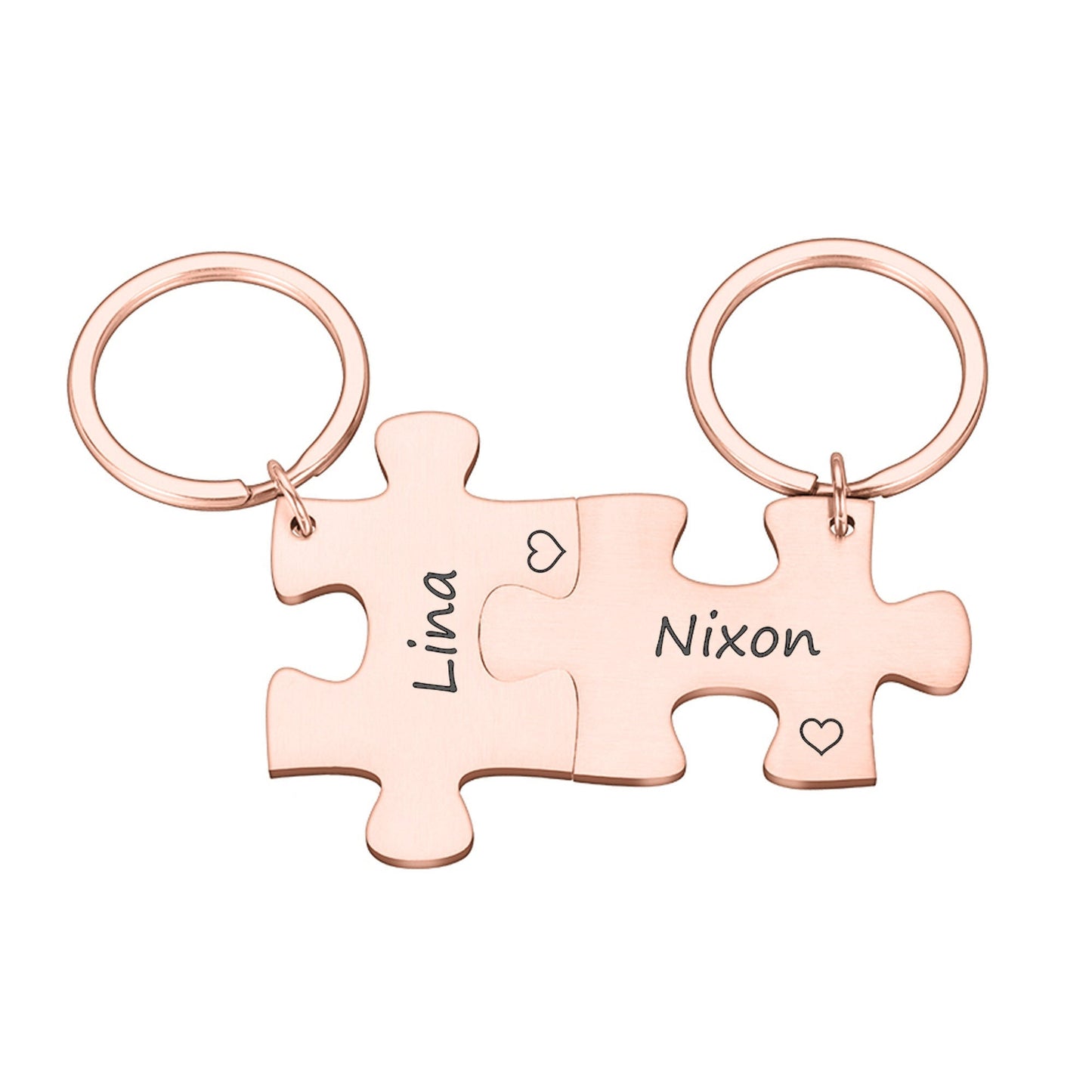 2 x personalised interlocking jigsaw puzzle keyrings set with name and heart symbol