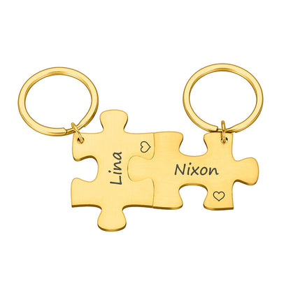 2 x personalised interlocking jigsaw puzzle keyrings set with name and heart symbol