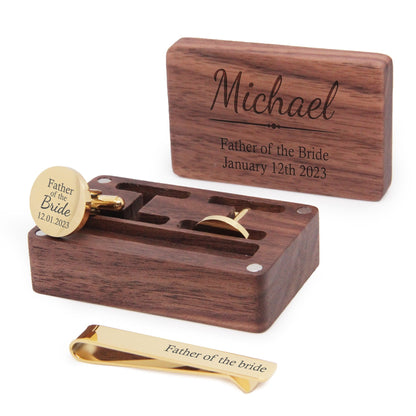 Personalised Gold Stainless Steel Round Cufflinks & Tie Pin Set | Engraved Wooden Cufflink Box