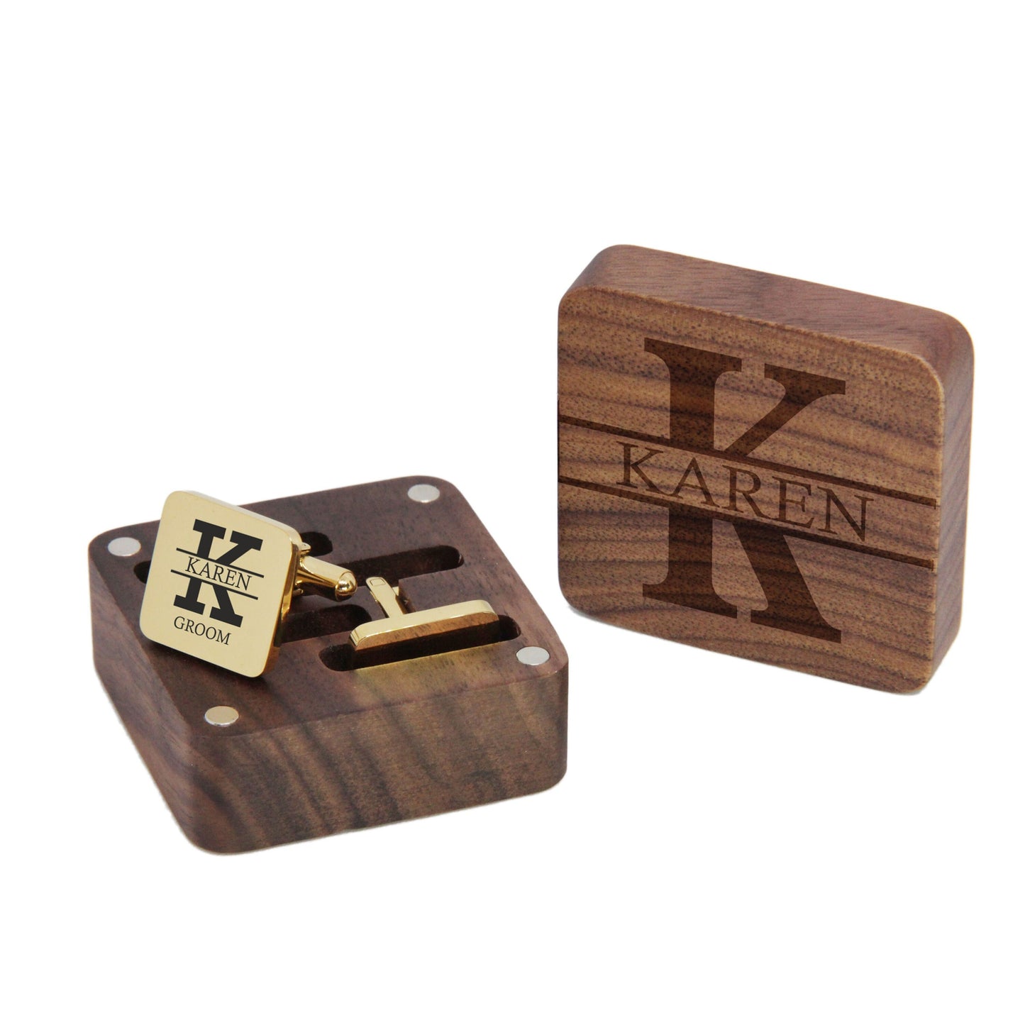 Personalised engraved stainless steel mens square cufflinks gift with wooden box | father husband groom groomsman best man wedding gift