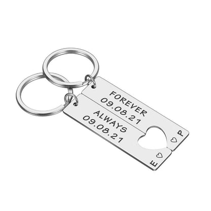 2 x Personalised keyring set with heart cutout -Forever Always, Date & Initials