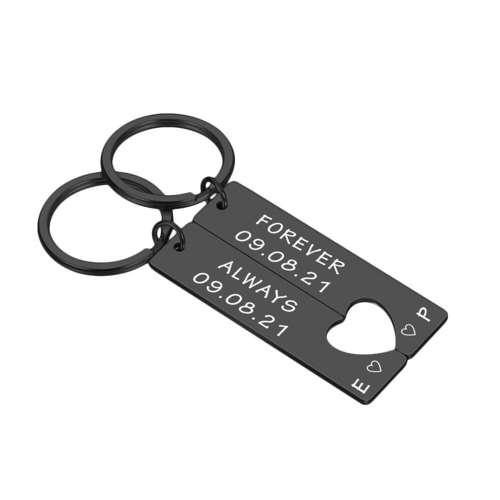 2 x Personalised keyring set with heart cutout -Forever Always, Date & Initials