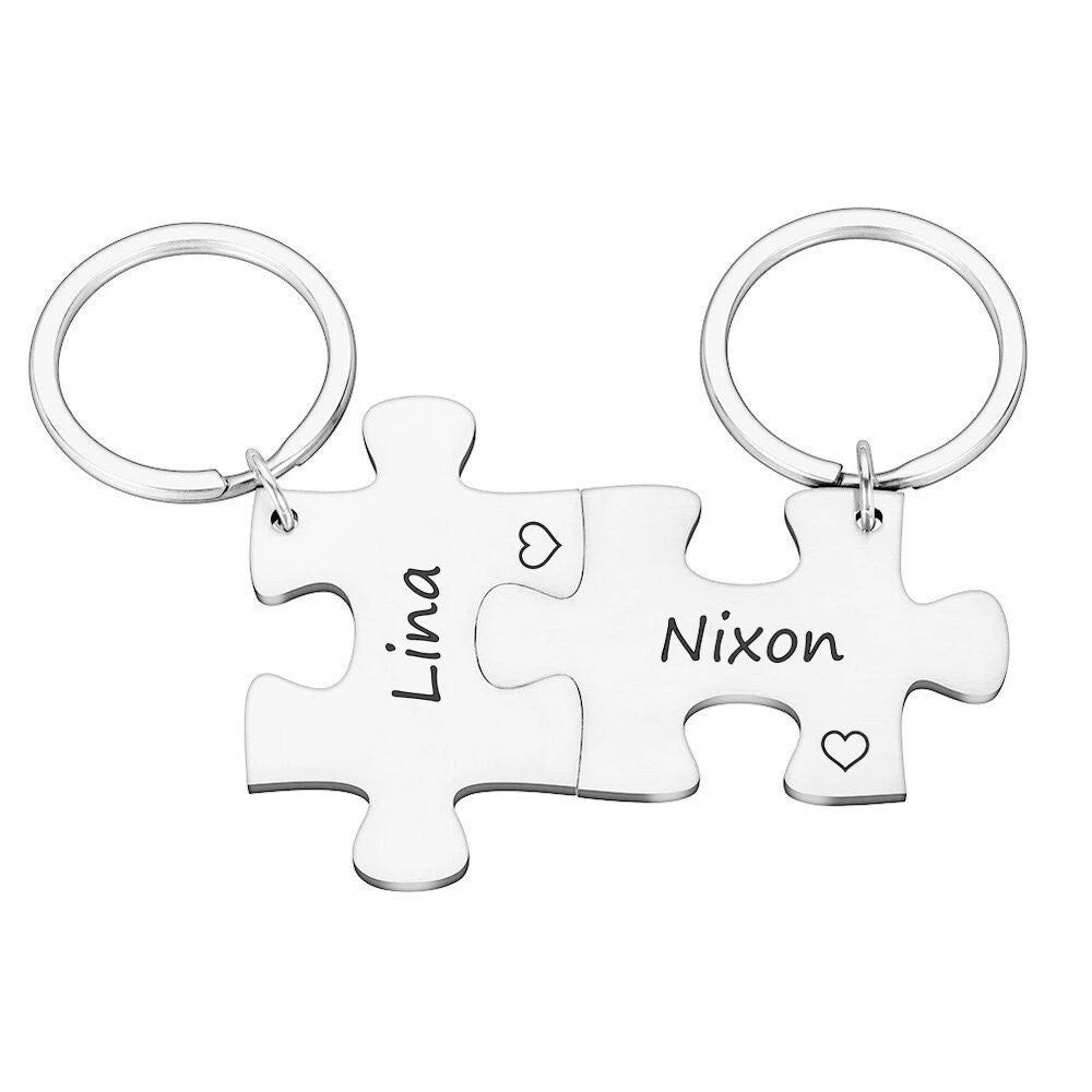 2 x personalised interlocking jigsaw puzzle keyrings set with name and heart symbol