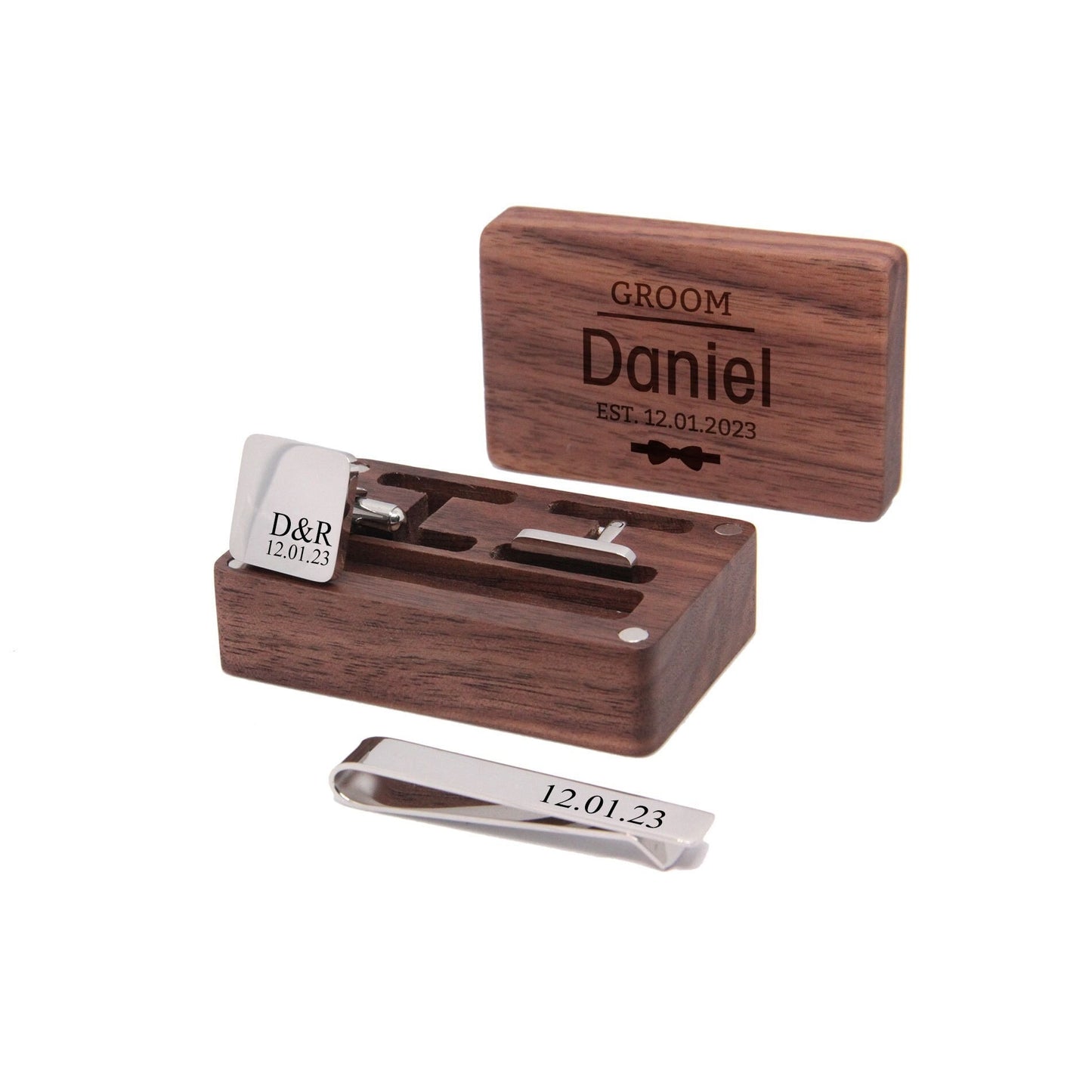 Personalised Silver Stainless Steel Square Cufflinks & Tie Pin Set | Engraved Wooden Cufflink Box