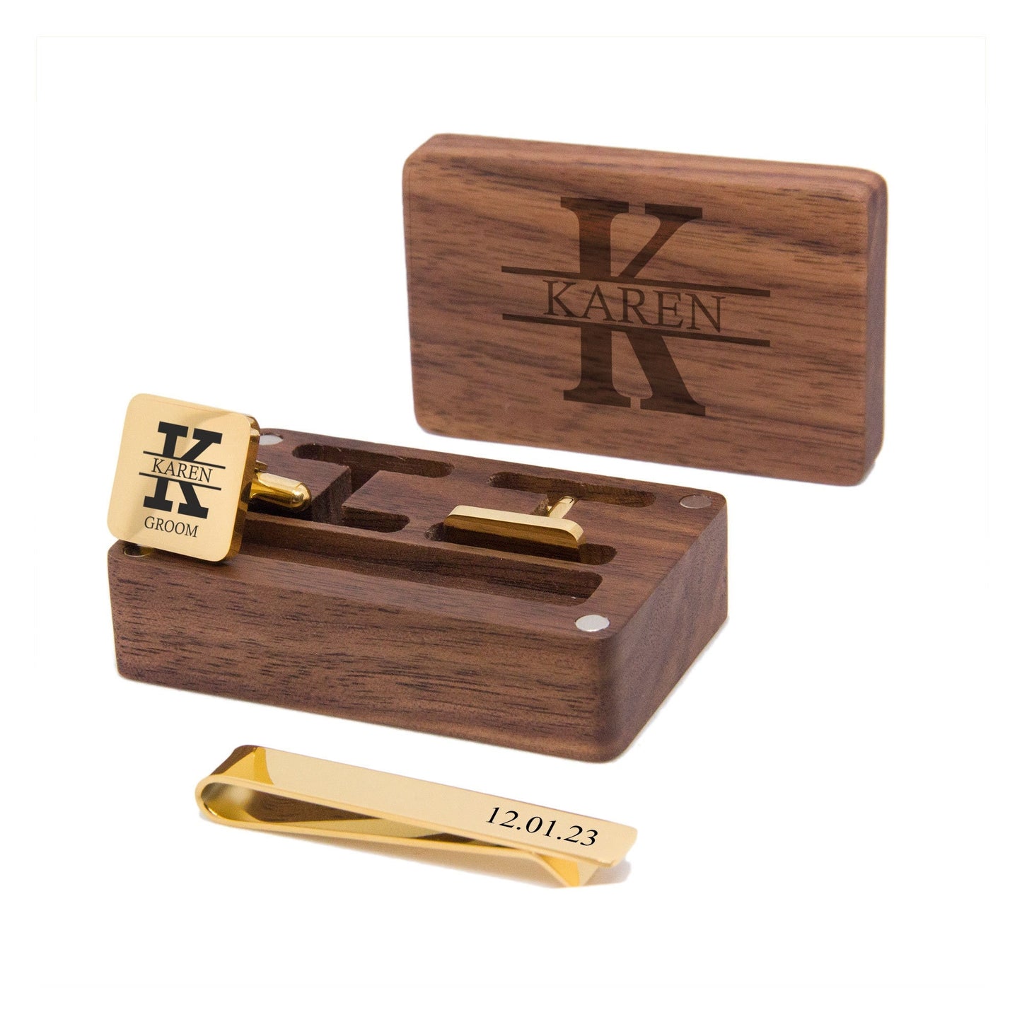 Personalised Gold Stainless Steel Square Cufflinks & Tie Pin Set | Engraved Wooden Cufflink Box
