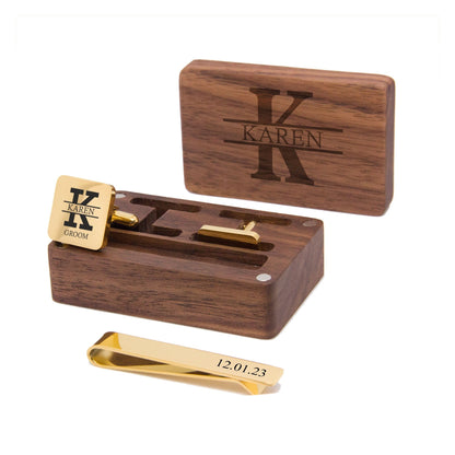 Personalised Gold Stainless Steel Square Cufflinks & Tie Pin Set | Engraved Wooden Cufflink Box