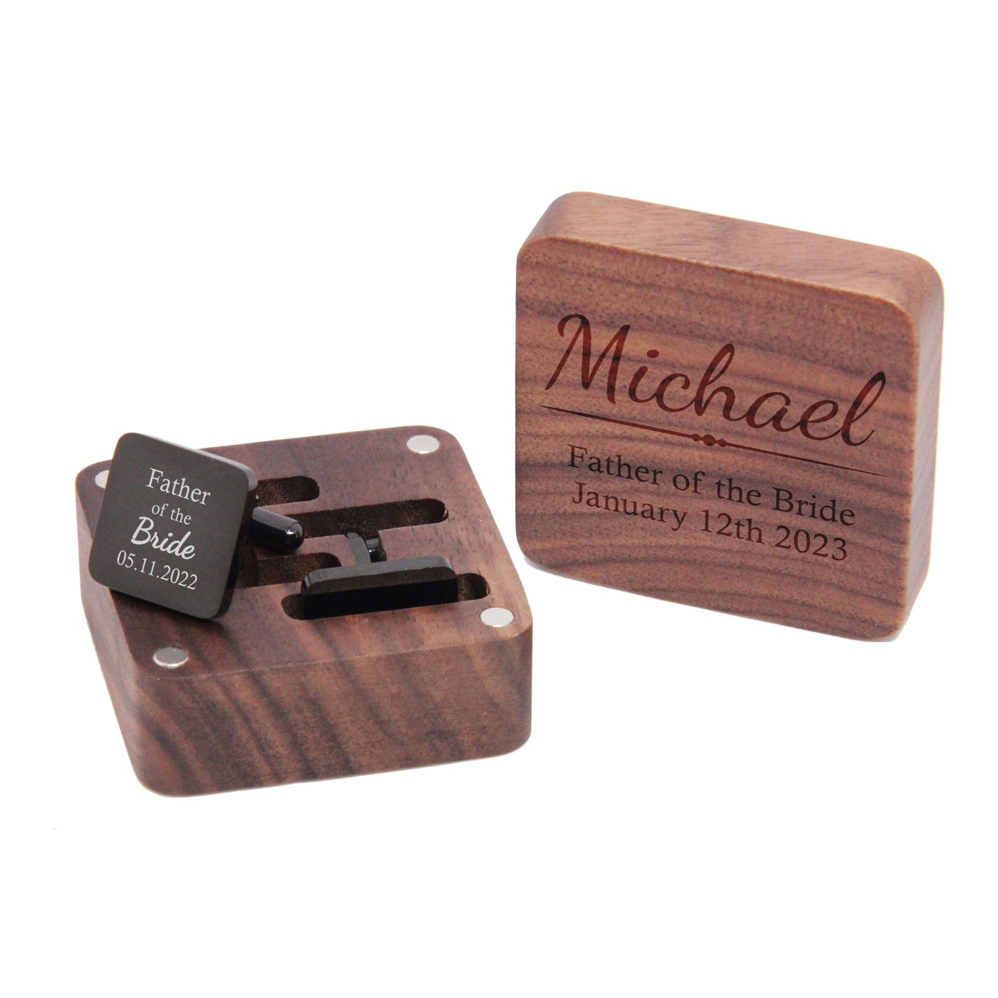 Personalised Engraved Stainless Steel Square Cufflinks with Wooden Box | Father, Husband, Groom, Groomsman, Best Man Wedding Gift