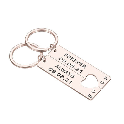 2 x Personalised keyring set with heart cutout -Forever Always, Date & Initials