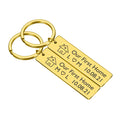 2 x personalised housewarming keyrings set with initials and date - "Our First Home"