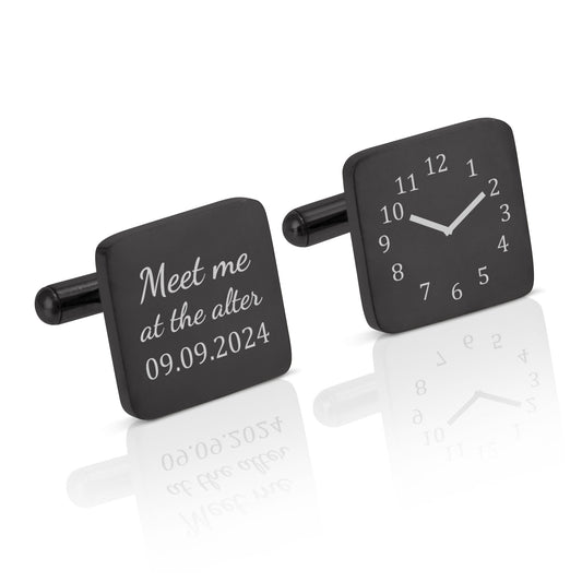 Personalised Engraved Square Metal Cufflinks | "Meet Me at the Altar" with Clock Design