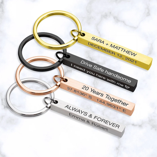 Personalised custom text names date vertical 3d bar keyring gift boyfriend dad mum couple Christmas Anniversary silver gold black keychain