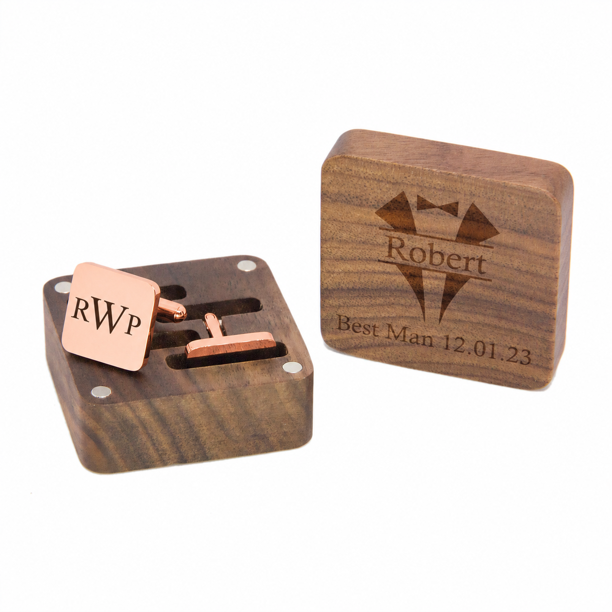 Personalised Square Stainless Steel Cufflinks | Engraved Wooden Cufflink Box