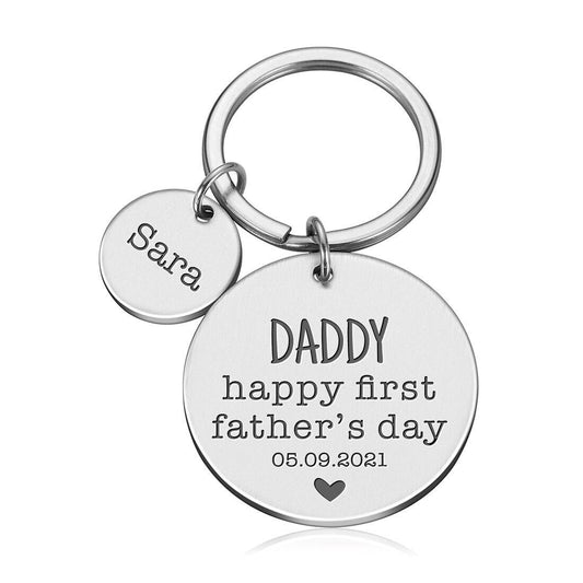 Personalised engraved metal keyring gift | happy first fathers day dad | custom name text date | stainless steel silver black gold keychain