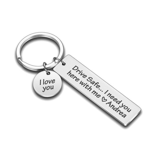 Personalised Drive Safe Rectangle Keyring With Round Charm