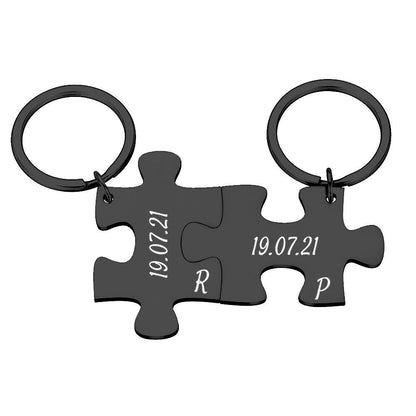 2 X Personalised interlocking jigsaw puzzle keyrings set with date & initials