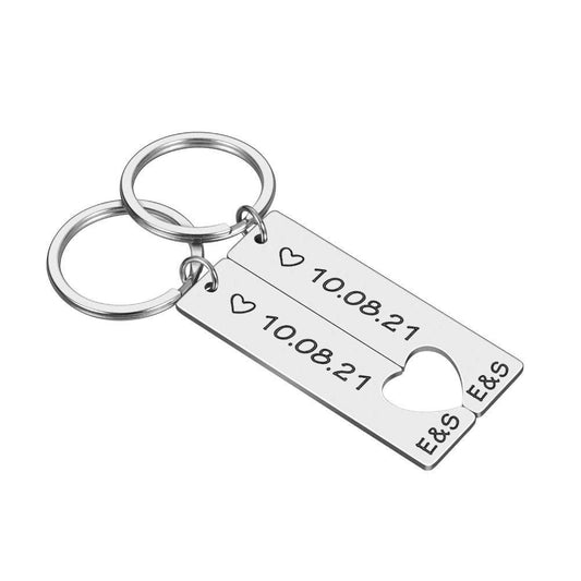 2 x Personalised keyring set with heart cutout -date & Initials