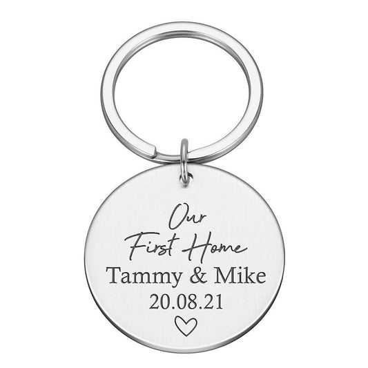 Personalised "Our First Home" round Metal Keyring – New Home or Wedding Gift