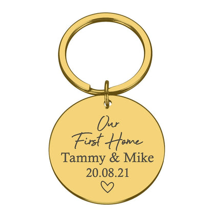 Personalised "Our First Home" round Metal Keyring – New Home or Wedding Gift